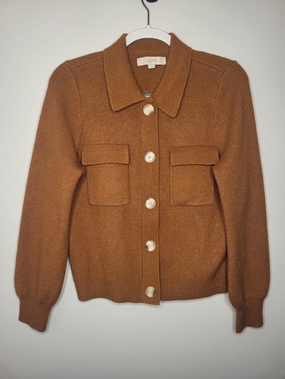 LOFT Brown Ribbed Knit Sweater Jacket Cardigan Small Collared 4 Pocket